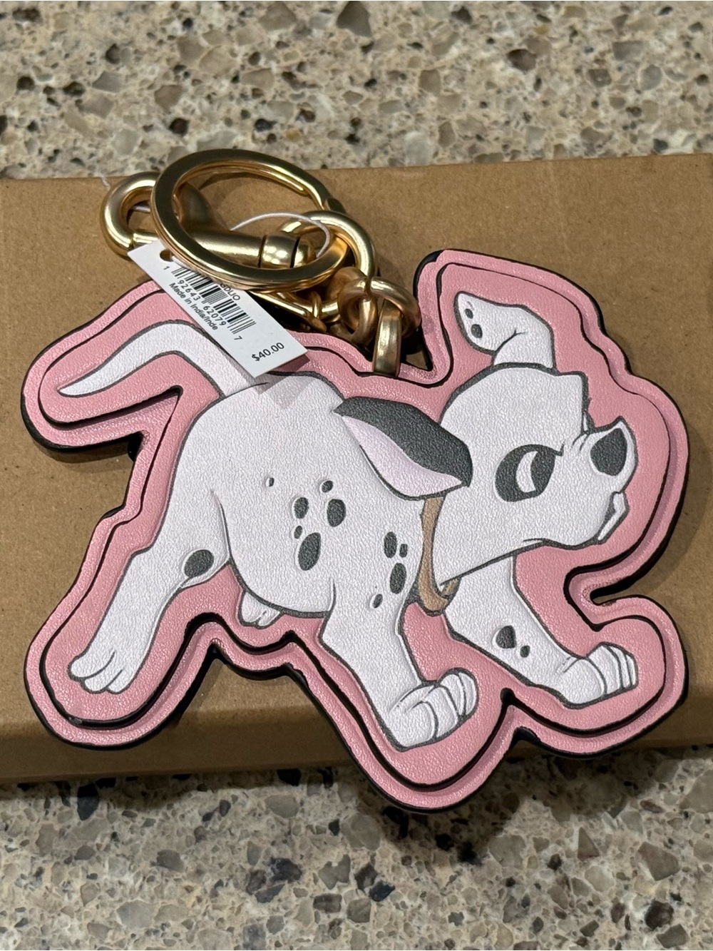 Coach Pink and White Dalmatian Dog Keychain Charm with Gold Hardware